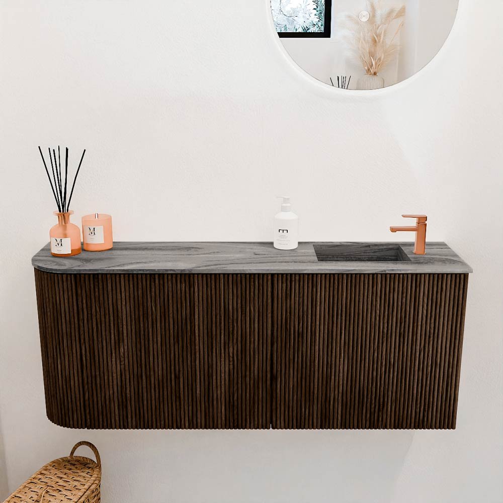 Mondiaz Toiletmeubel Joya Dlux Walnut - 101.6 cm - Wastafel FAYE Sombra - 1 kraangat - Solid Surface - Met spoelbak Rechts - Afbeelding 2