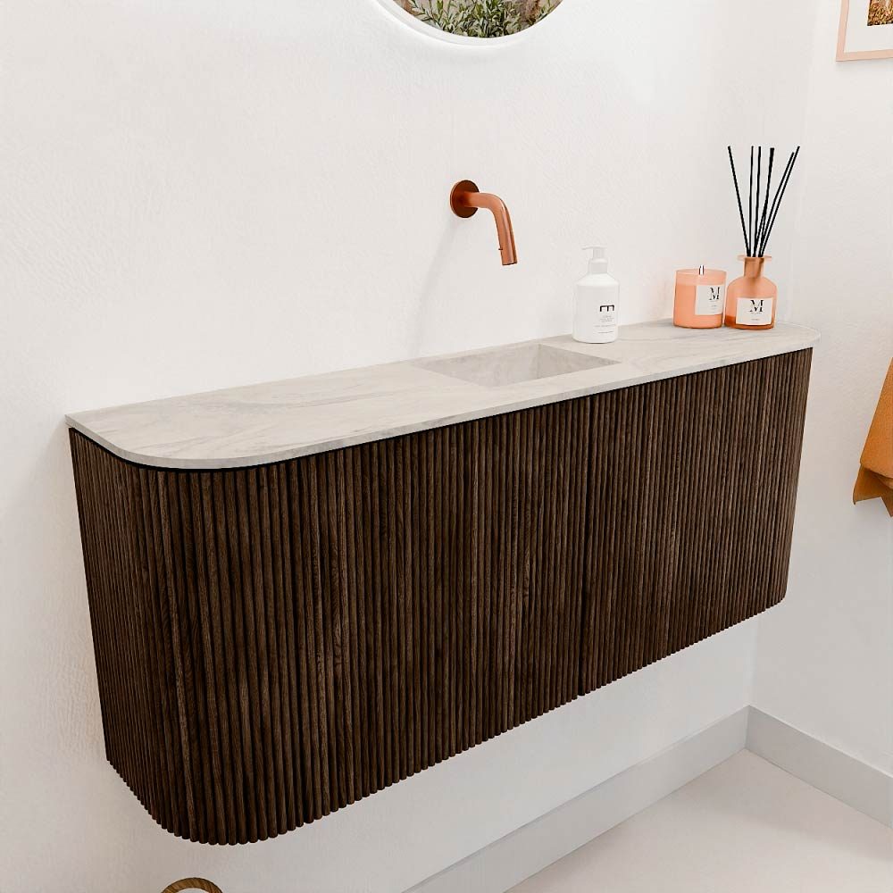 Mondiaz Toiletmeubel Joya Dlux Walnut - 103.2 cm - Wastafel FAYE Ostra - Zonder kraangat(en) - Solid Surface - Met spoelbak Midden