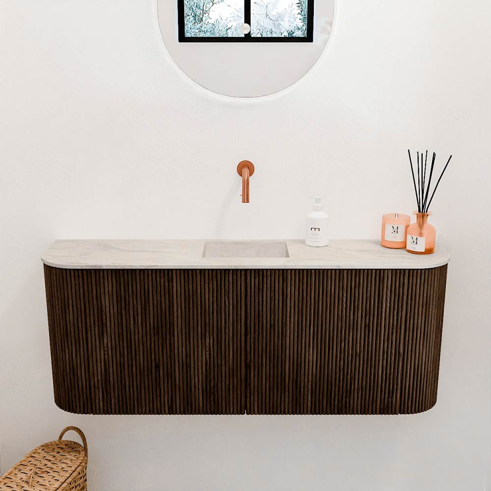 Mondiaz Toiletmeubel Joya Dlux Walnut - 103.2 cm - Wastafel FAYE Ostra - Zonder kraangat(en) - Solid Surface - Met spoelbak Midden - Afbeelding 2
