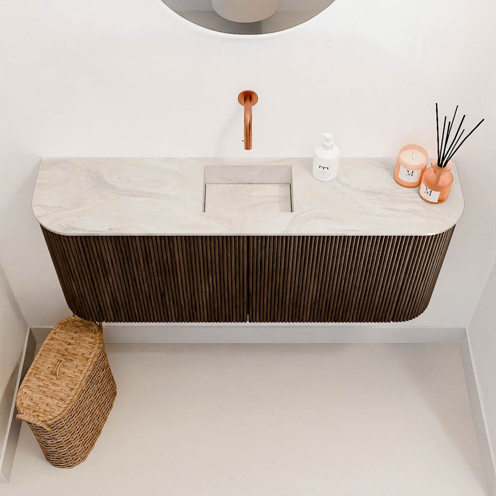 Mondiaz Toiletmeubel Joya Dlux Walnut - 103.2 cm - Wastafel FAYE Ostra - Zonder kraangat(en) - Solid Surface - Met spoelbak Midden - Afbeelding 3