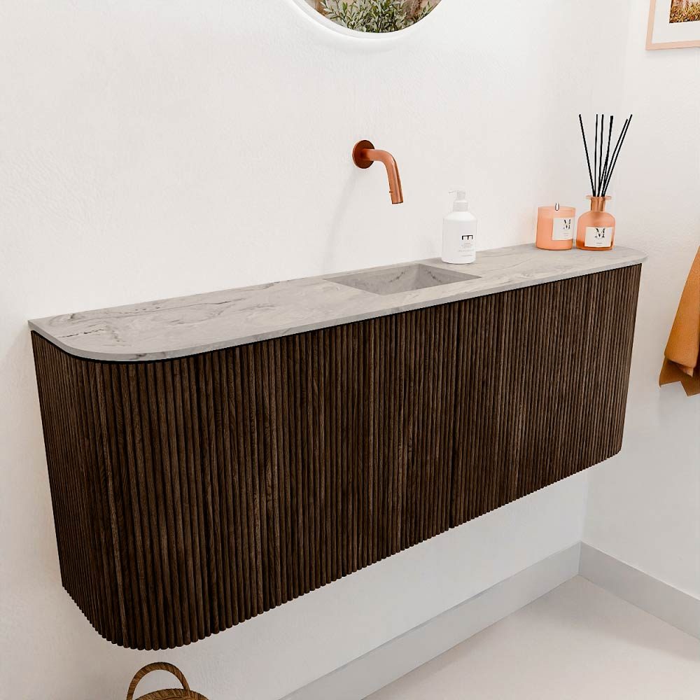 Mondiaz Toiletmeubel Joya Dlux Walnut - 113.2 cm - Wastafel FAYE Glace - Zonder kraangat(en) - Solid Surface - Met spoelbak Midden