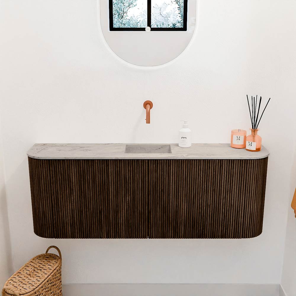 Mondiaz Toiletmeubel Joya Dlux Walnut - 113.2 cm - Wastafel FAYE Glace - Zonder kraangat(en) - Solid Surface - Met spoelbak Midden - Afbeelding 2
