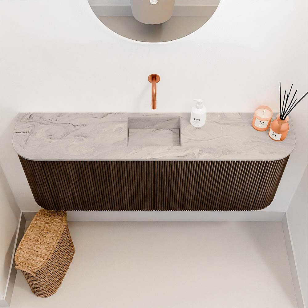 Mondiaz Toiletmeubel Joya Dlux Walnut - 113.2 cm - Wastafel FAYE Glace - Zonder kraangat(en) - Solid Surface - Met spoelbak Midden - Afbeelding 3