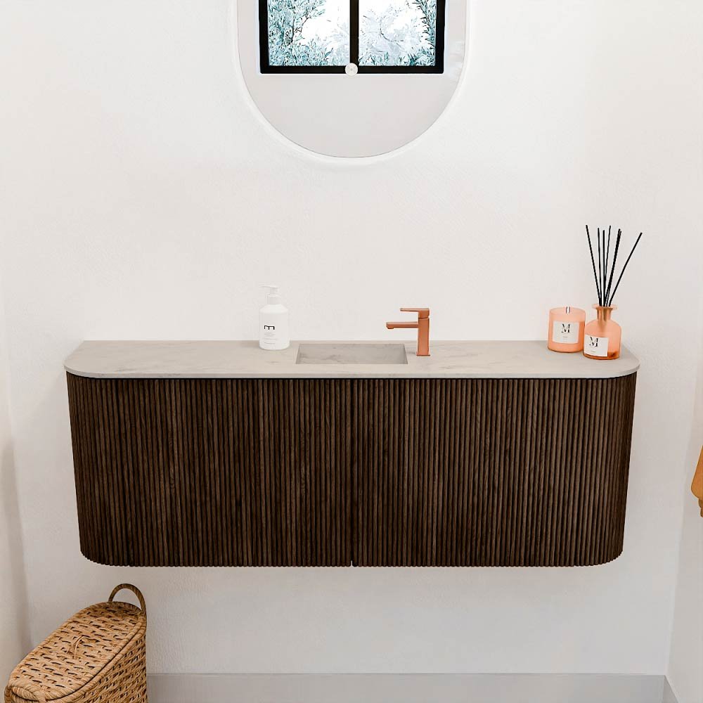 Mondiaz Toiletmeubel Joya Dlux Walnut - 113.2 cm - Wastafel FAYE Opalo - 1 kraangat - Solid Surface - Met spoelbak Midden - Afbeelding 2
