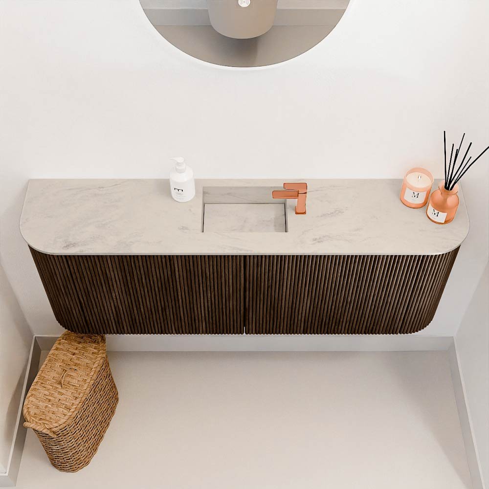 Mondiaz Toiletmeubel Joya Dlux Walnut - 113.2 cm - Wastafel FAYE Opalo - 1 kraangat - Solid Surface - Met spoelbak Midden - Afbeelding 3