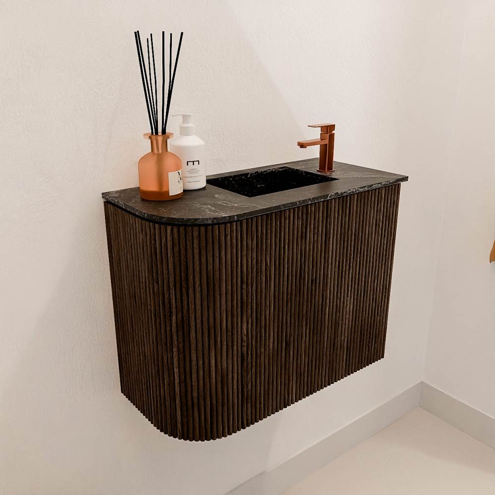 Mondiaz Toiletmeubel Joya Dlux Walnut - 51.6 cm - Wastafel FAYE Lava - 1 kraangat - Solid Surface - Met spoelbak Rechts