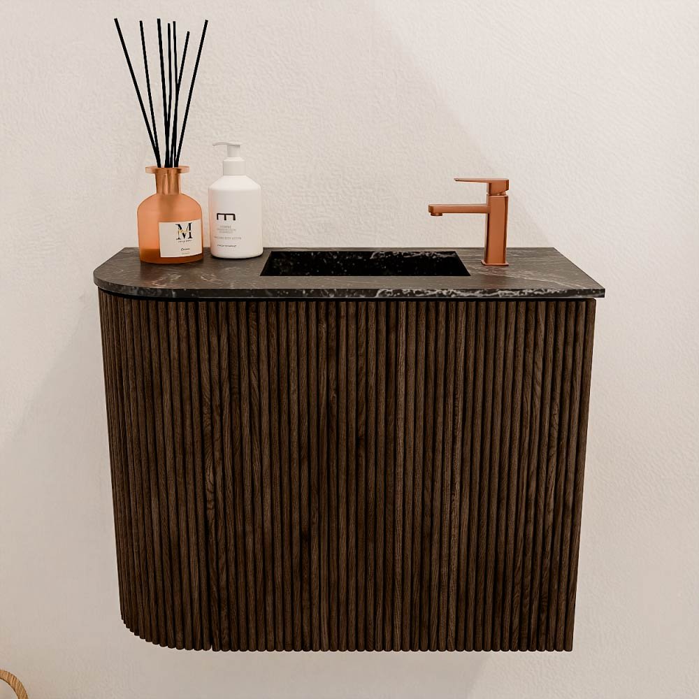 Mondiaz Toiletmeubel Joya Dlux Walnut - 51.6 cm - Wastafel FAYE Lava - 1 kraangat - Solid Surface - Met spoelbak Rechts - Afbeelding 2