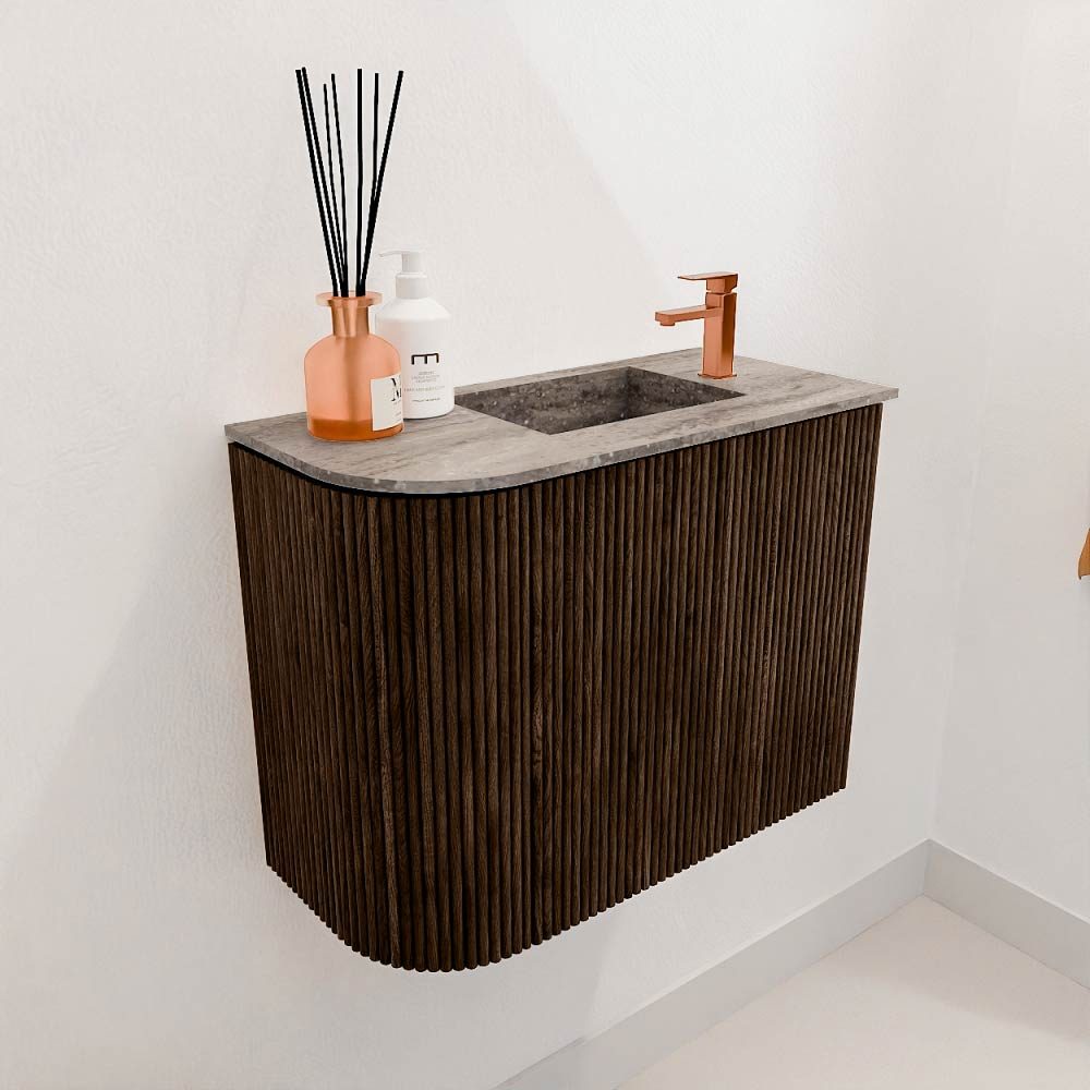 Mondiaz Toiletmeubel Joya Dlux Walnut - 51.6 cm - Wastafel FAYE Oza - 1 kraangat - Solid Surface - Met spoelbak Rechts
