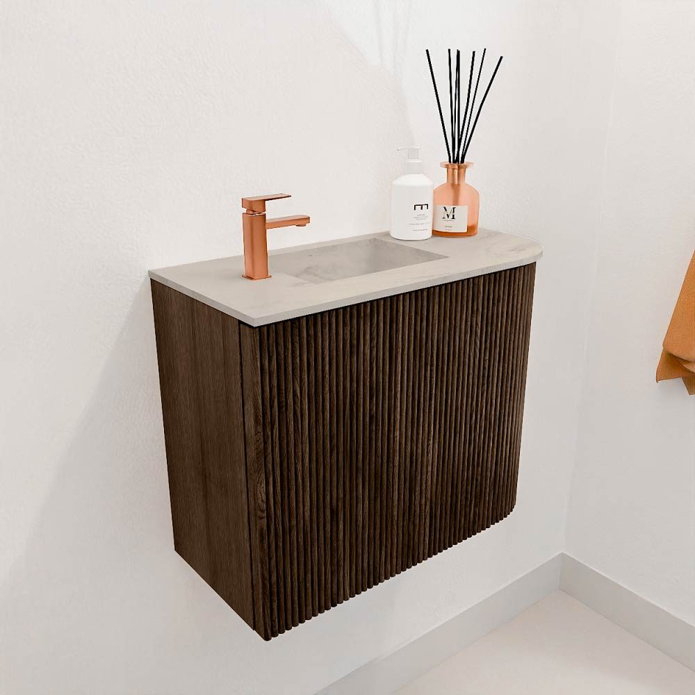 Mondiaz Toiletmeubel Joya Dlux Walnut - 51.6 cm - Wastafel FAYE Opalo - 1 kraangat - Solid Surface - Met spoelbak Links