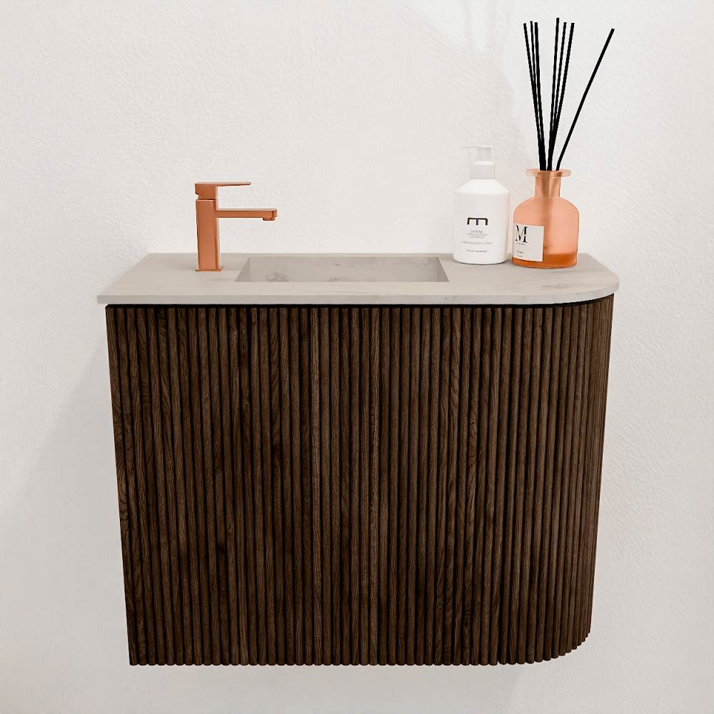 Mondiaz Toiletmeubel Joya Dlux Walnut - 51.6 cm - Wastafel FAYE Opalo - 1 kraangat - Solid Surface - Met spoelbak Links - Afbeelding 2
