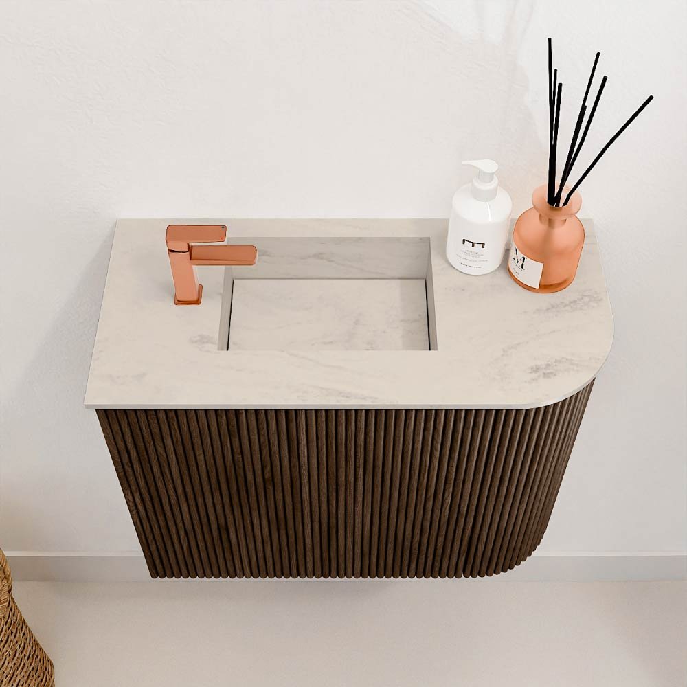 Mondiaz Toiletmeubel Joya Dlux Walnut - 51.6 cm - Wastafel FAYE Opalo - 1 kraangat - Solid Surface - Met spoelbak Links - Afbeelding 3