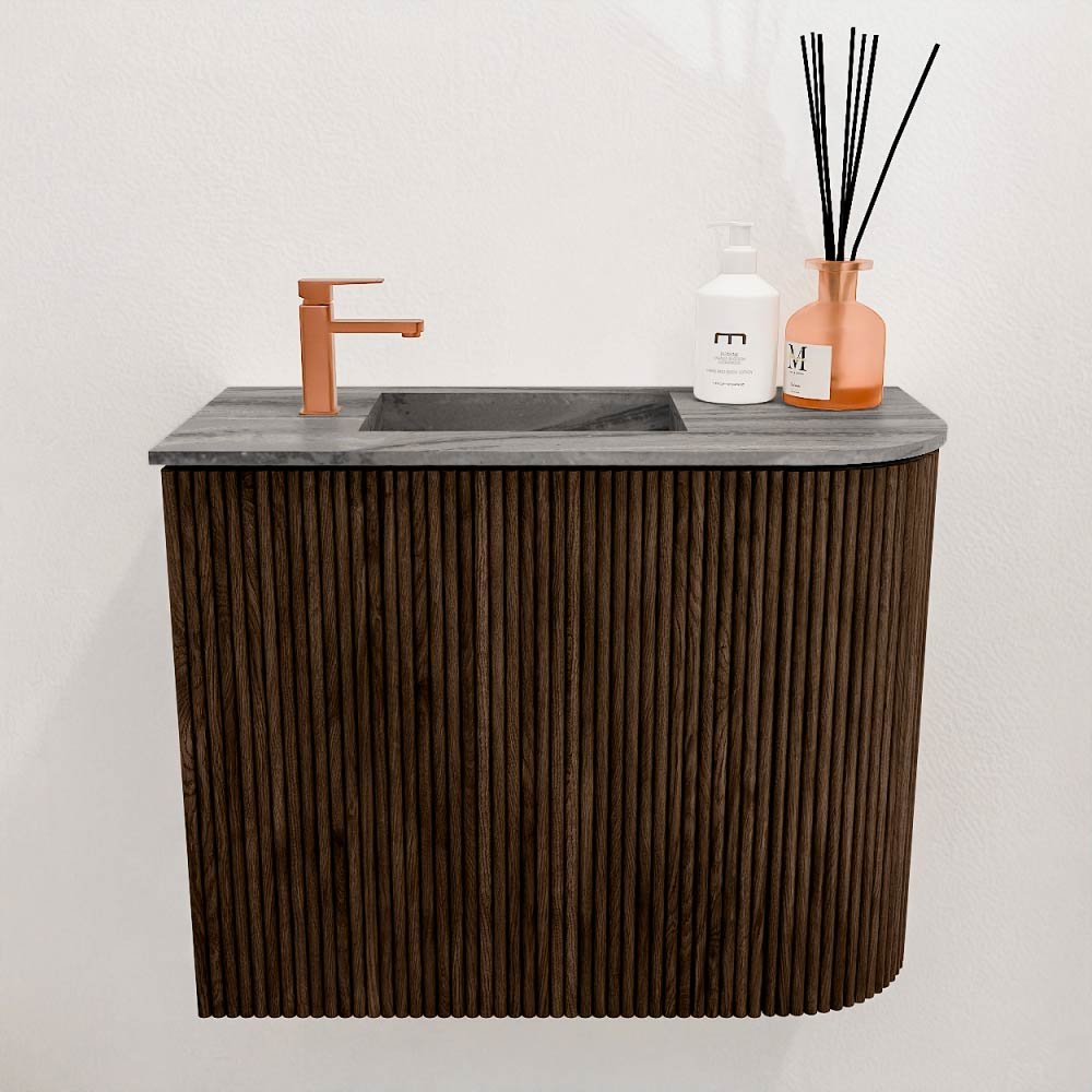Mondiaz Toiletmeubel Joya Dlux Walnut - 51.6 cm - Wastafel FAYE Sombra - 1 kraangat - Solid Surface - Met spoelbak Links - Afbeelding 2
