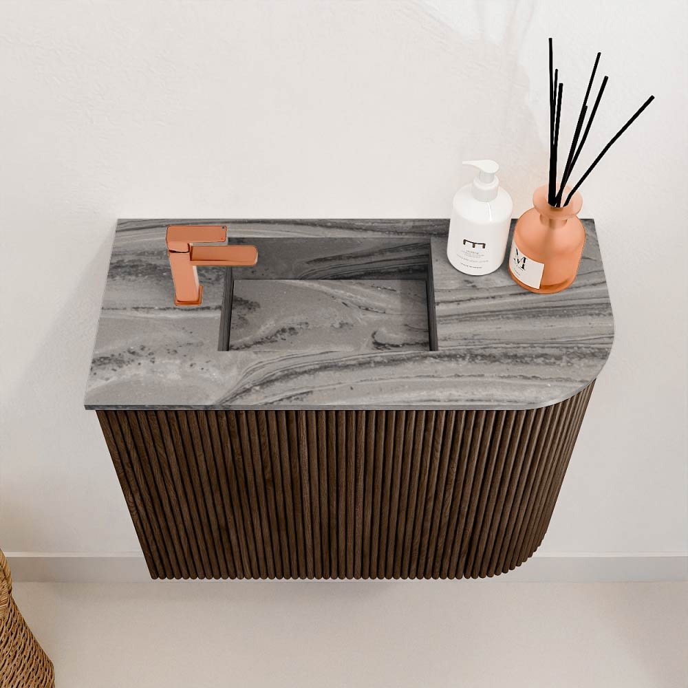 Mondiaz Toiletmeubel Joya Dlux Walnut - 51.6 cm - Wastafel FAYE Sombra - 1 kraangat - Solid Surface - Met spoelbak Links - Afbeelding 3