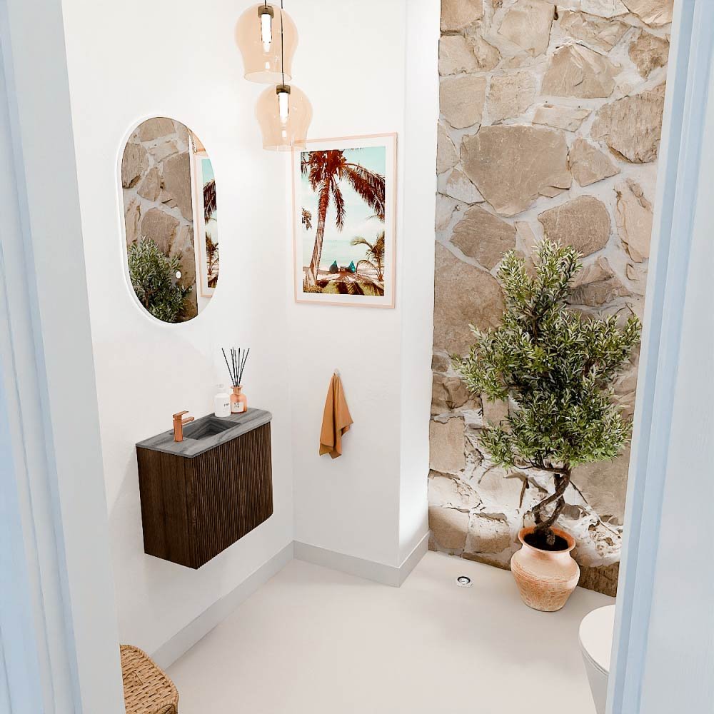 Mondiaz Toiletmeubel Joya Dlux Walnut - 51.6 cm - Wastafel FAYE Sombra - 1 kraangat - Solid Surface - Met spoelbak Links - Afbeelding 5