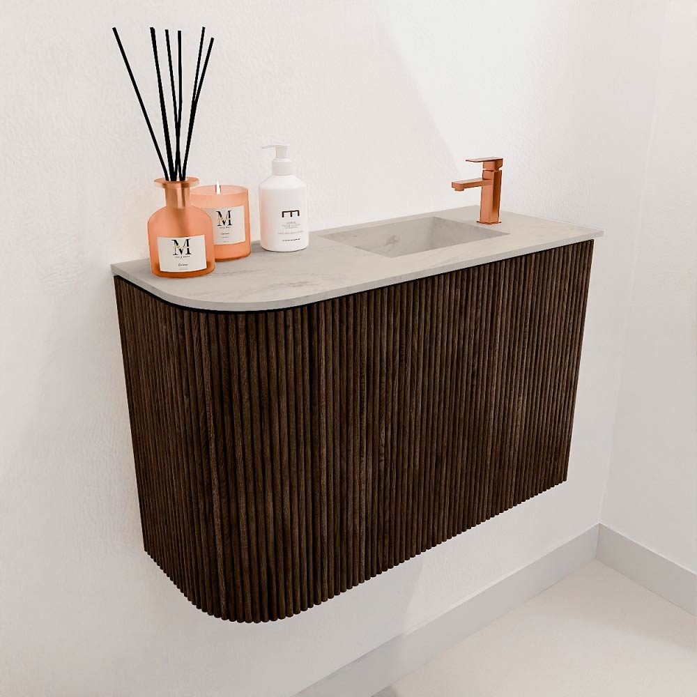 Mondiaz Toiletmeubel Joya Dlux Walnut - 61.6 cm - Wastafel FAYE Opalo - 1 kraangat - Solid Surface - Met spoelbak Rechts