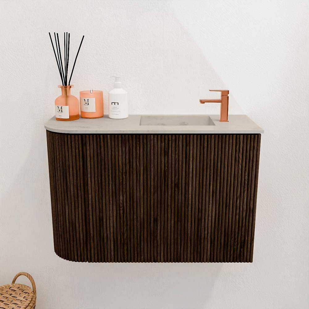 Mondiaz Toiletmeubel Joya Dlux Walnut - 61.6 cm - Wastafel FAYE Opalo - 1 kraangat - Solid Surface - Met spoelbak Rechts - Afbeelding 2