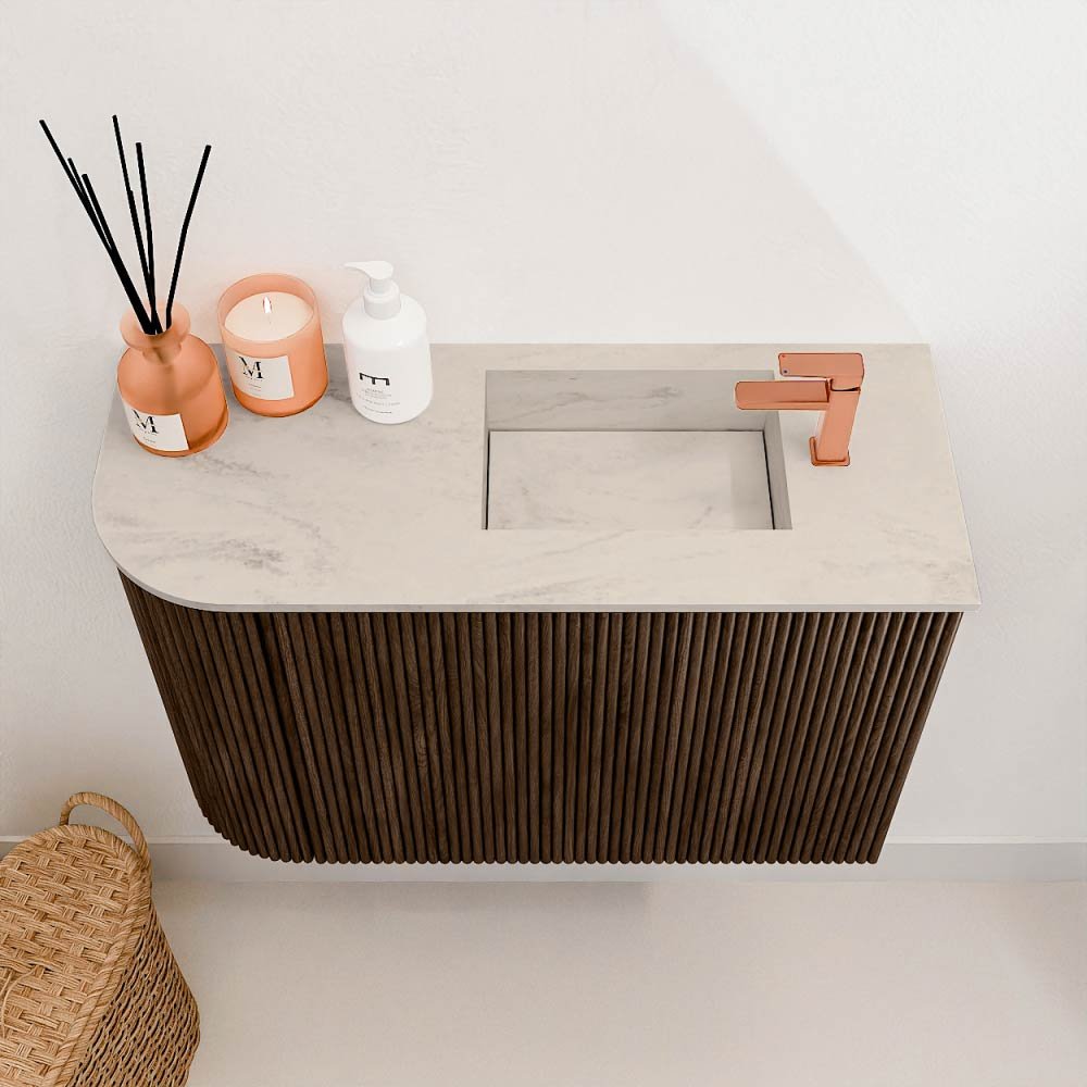Mondiaz Toiletmeubel Joya Dlux Walnut - 61.6 cm - Wastafel FAYE Opalo - 1 kraangat - Solid Surface - Met spoelbak Rechts - Afbeelding 3