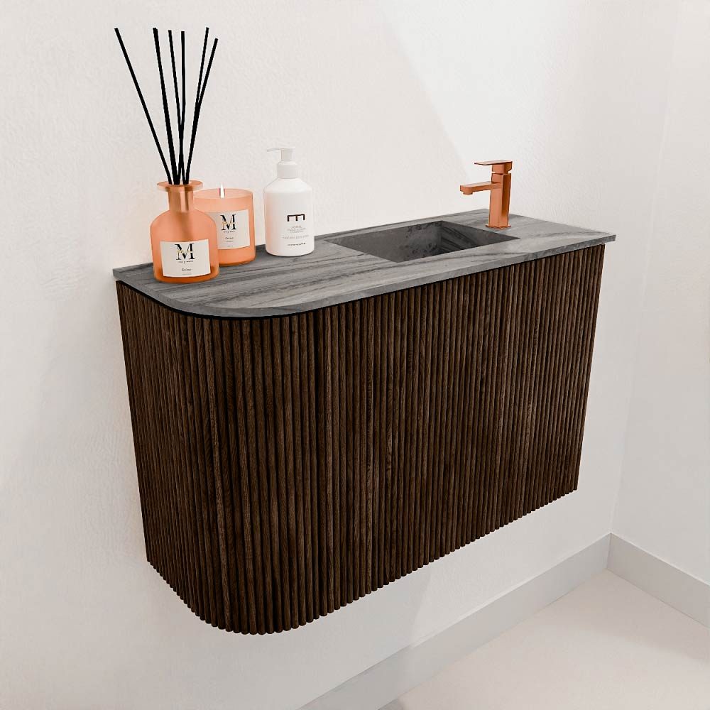 Mondiaz Toiletmeubel Joya Dlux Walnut - 61.6 cm - Wastafel FAYE Sombra - 1 kraangat - Solid Surface - Met spoelbak Rechts