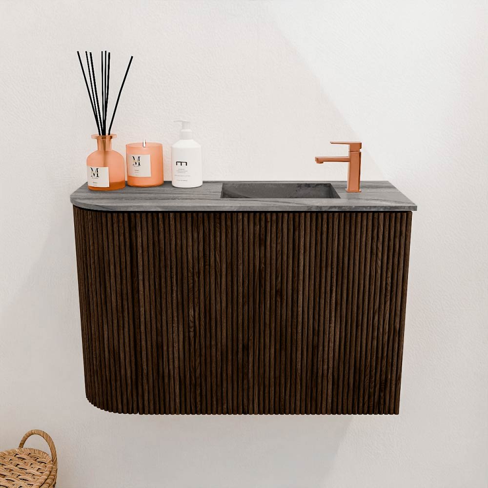 Mondiaz Toiletmeubel Joya Dlux Walnut - 61.6 cm - Wastafel FAYE Sombra - 1 kraangat - Solid Surface - Met spoelbak Rechts - Afbeelding 2