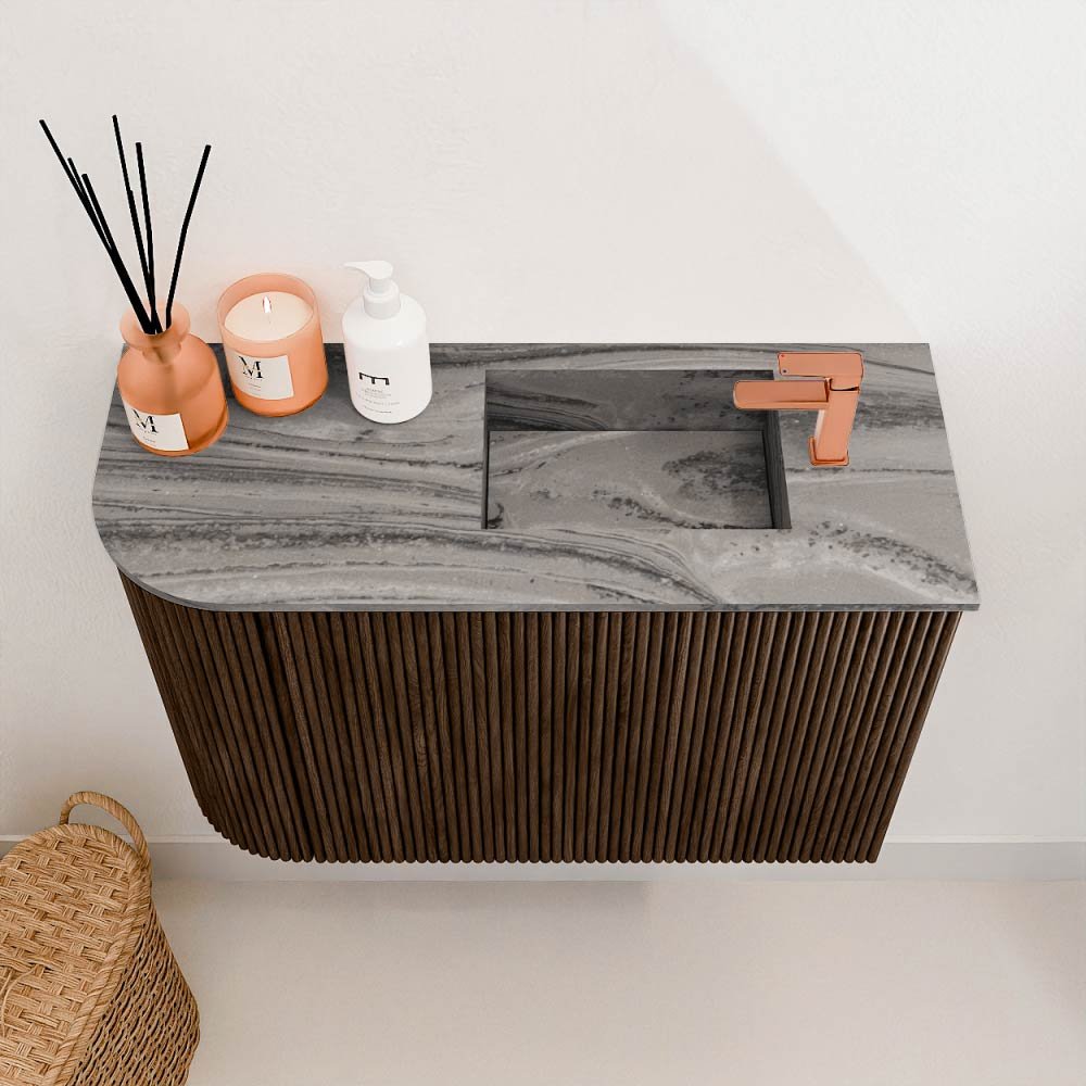 Mondiaz Toiletmeubel Joya Dlux Walnut - 61.6 cm - Wastafel FAYE Sombra - 1 kraangat - Solid Surface - Met spoelbak Rechts - Afbeelding 3