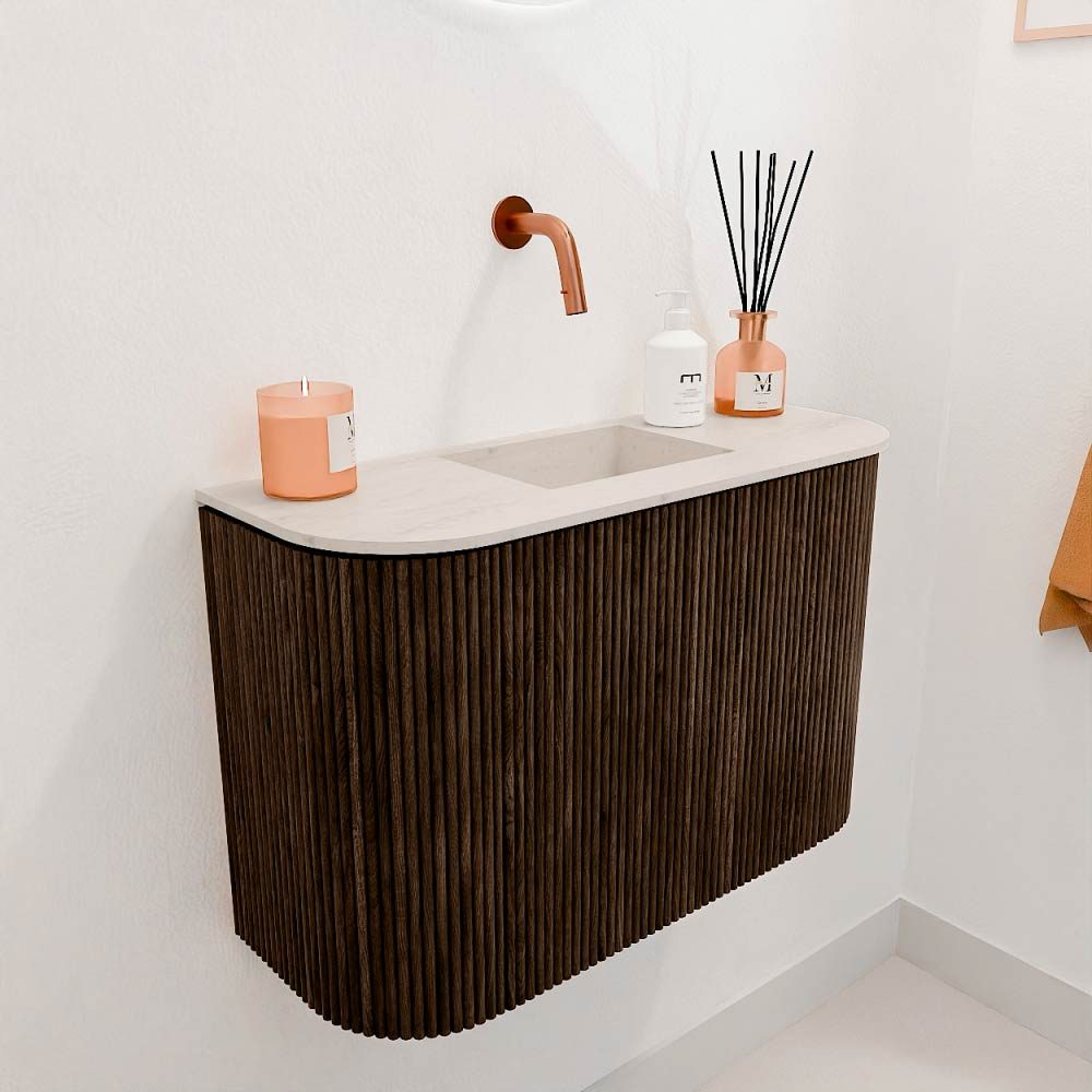 Mondiaz Toiletmeubel Joya Dlux Walnut - 63.2 cm - Wastafel FAYE Meli - Zonder kraangat(en) - Solid Surface - Met spoelbak Midden