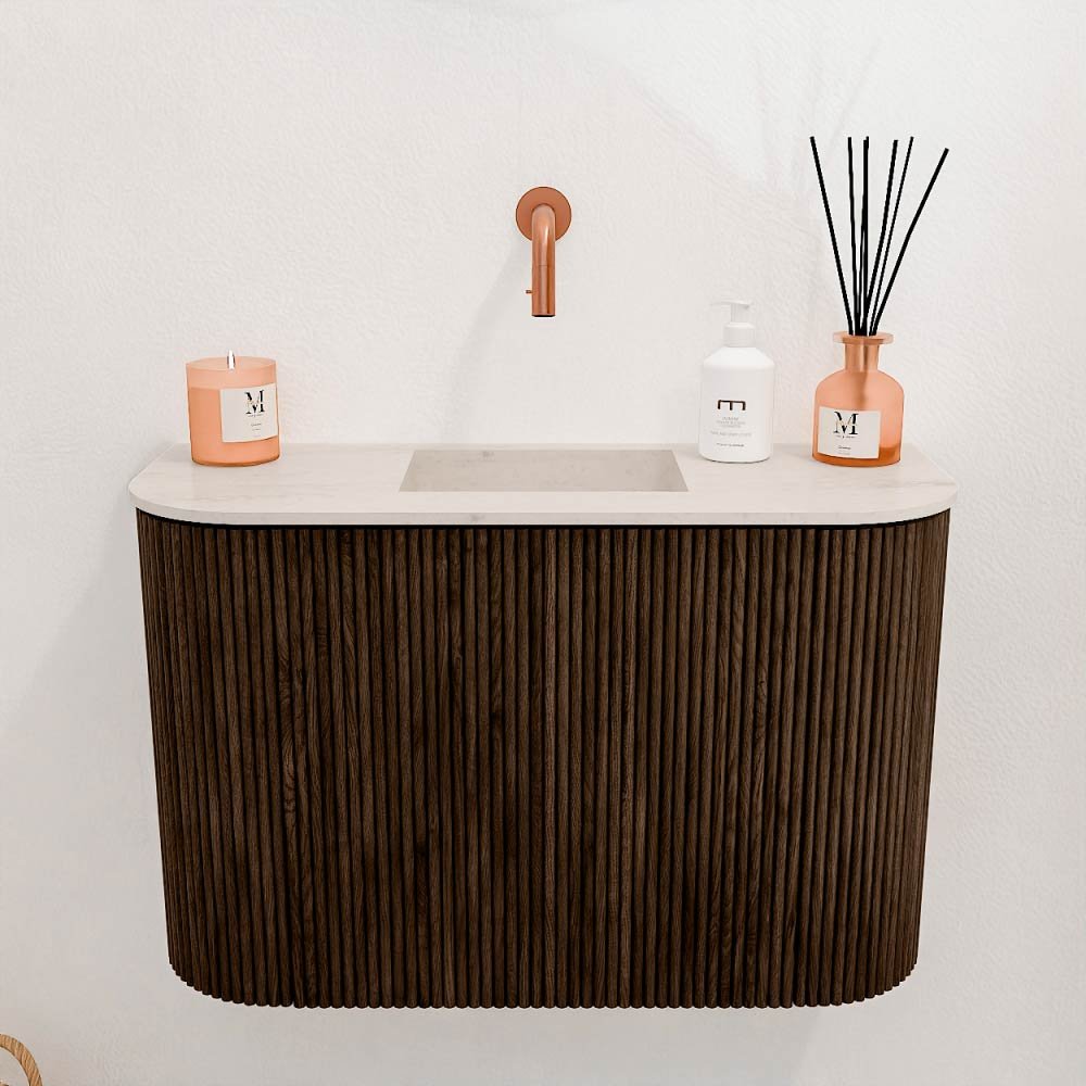 Mondiaz Toiletmeubel Joya Dlux Walnut - 63.2 cm - Wastafel FAYE Meli - Zonder kraangat(en) - Solid Surface - Met spoelbak Midden - Afbeelding 2