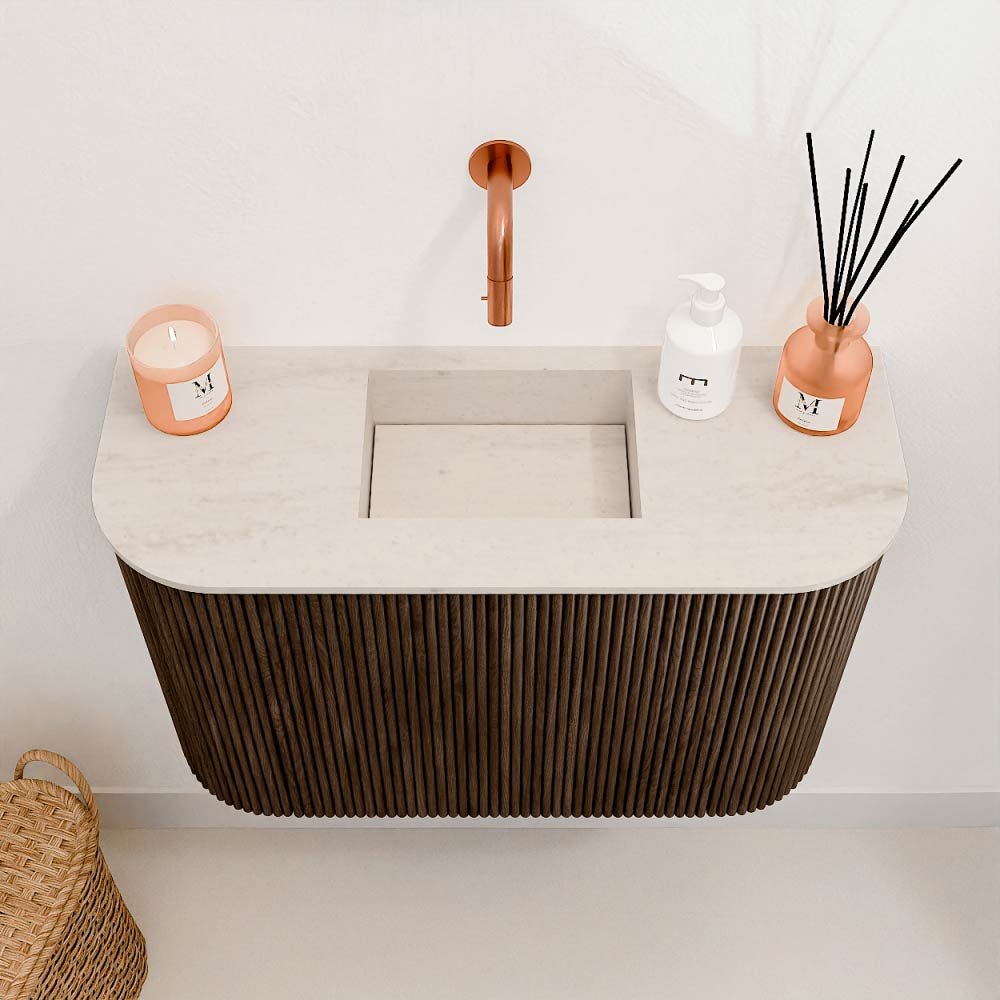 Mondiaz Toiletmeubel Joya Dlux Walnut - 63.2 cm - Wastafel FAYE Meli - Zonder kraangat(en) - Solid Surface - Met spoelbak Midden - Afbeelding 3