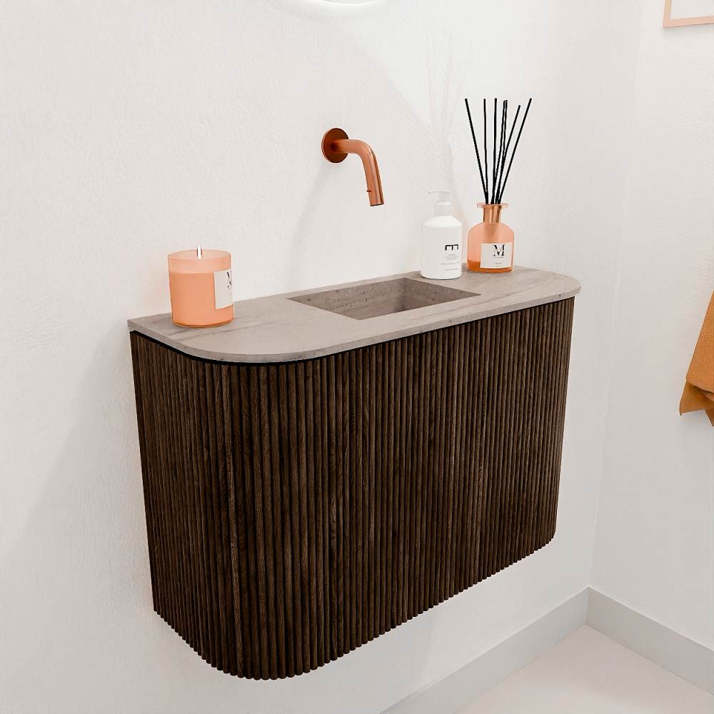 Mondiaz Toiletmeubel Joya Dlux Walnut - 63.2 cm - Wastafel FAYE Saba - Zonder kraangat(en) - Solid Surface - Met spoelbak Midden