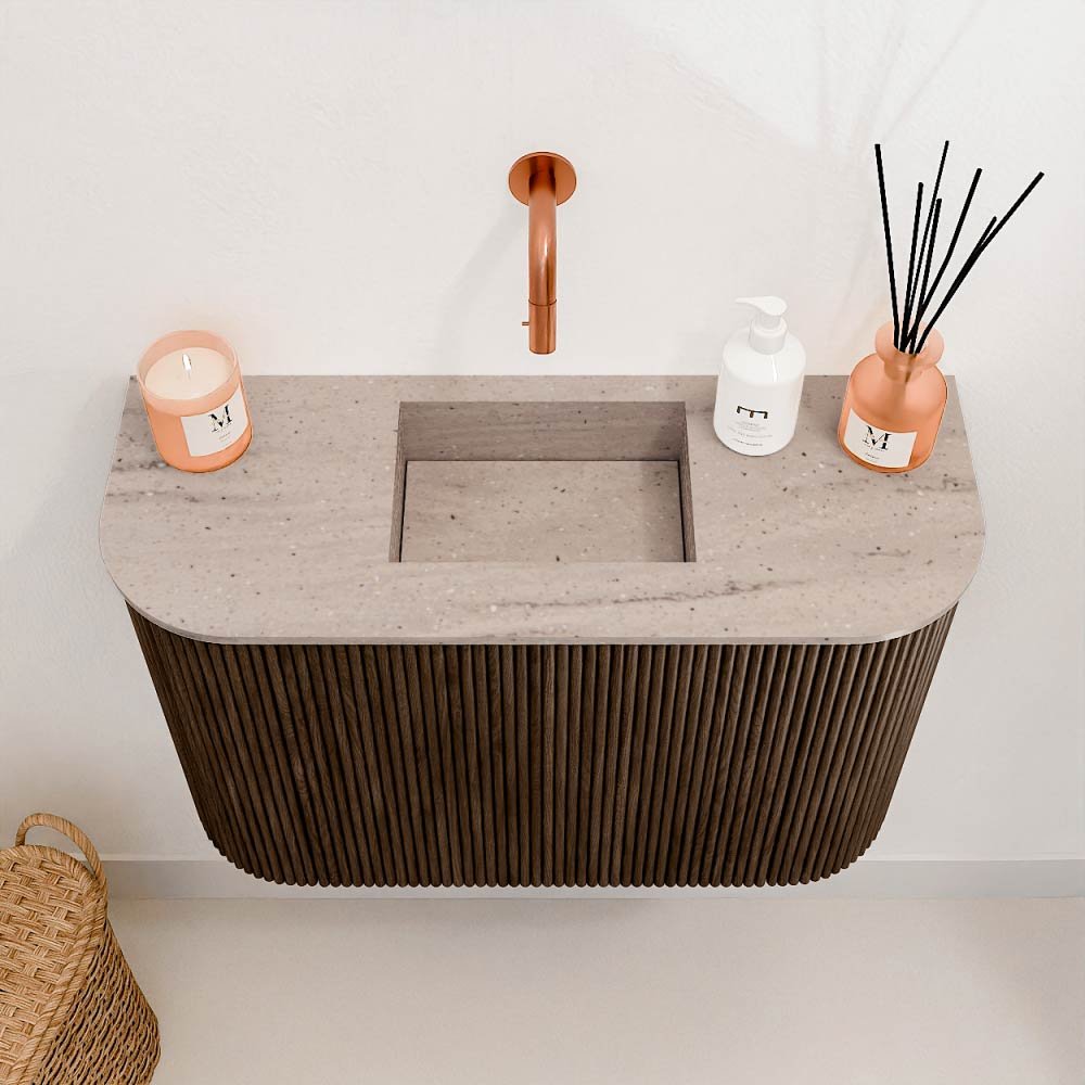 Mondiaz Toiletmeubel Joya Dlux Walnut - 63.2 cm - Wastafel FAYE Saba - Zonder kraangat(en) - Solid Surface - Met spoelbak Midden - Afbeelding 3