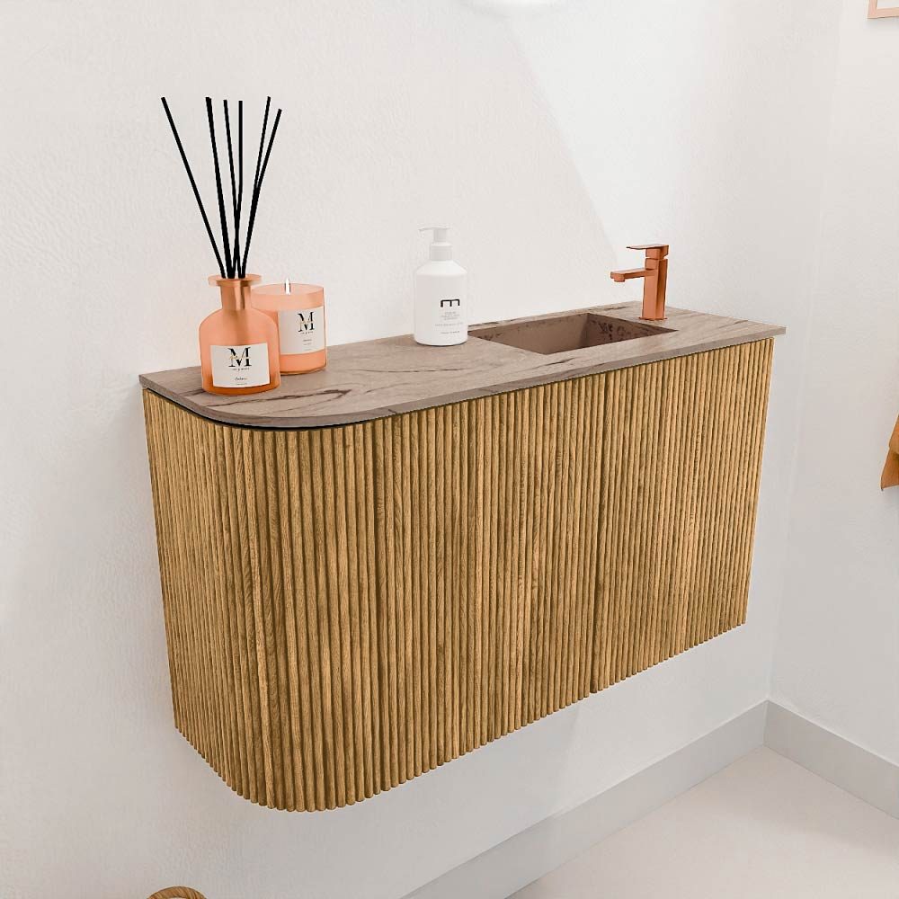 Mondiaz Toiletmeubel Joya Dlux Oak - 71.6 cm - Wastafel FAYE Arena - 1 kraangat - Solid Surface - Met spoelbak Rechts