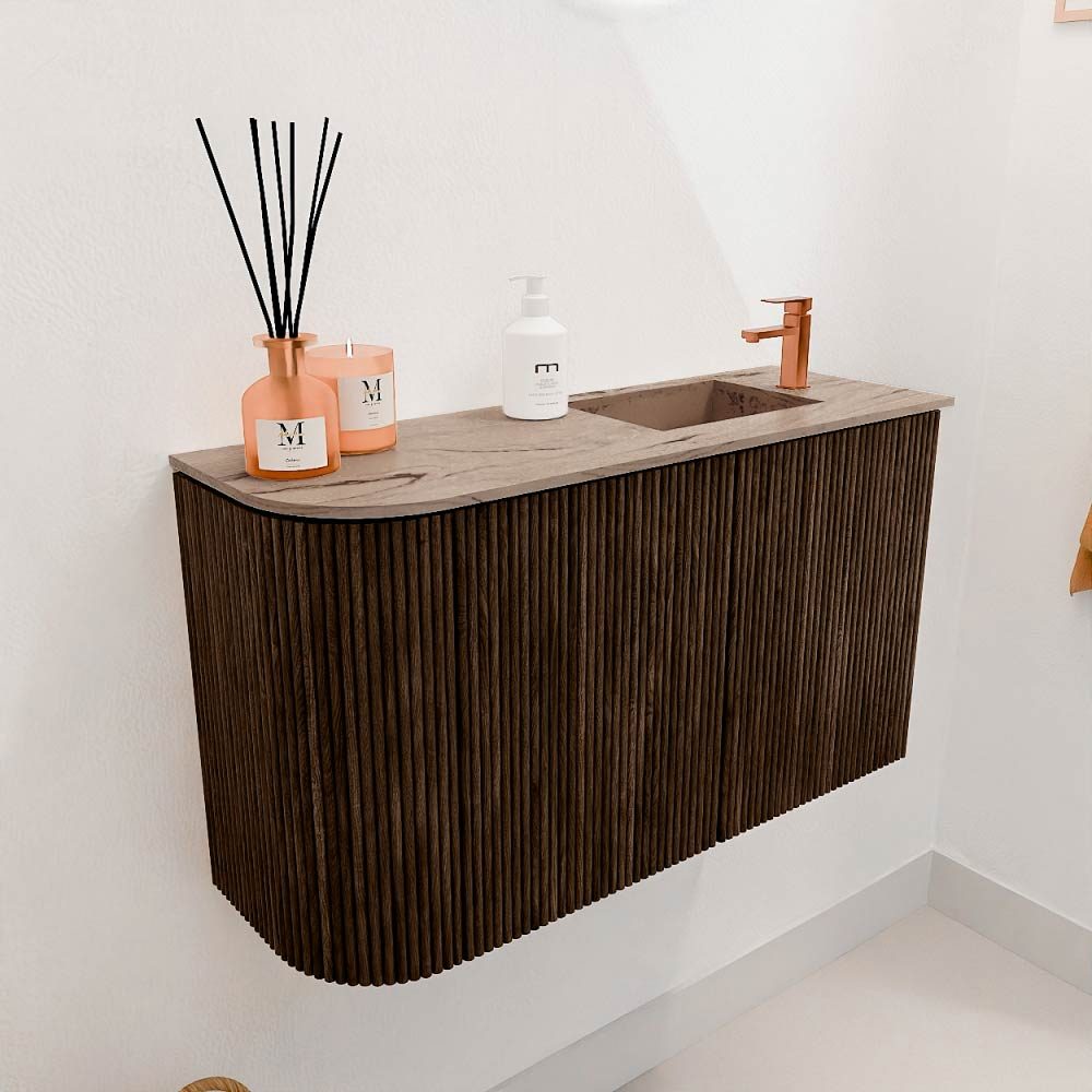 Mondiaz Toiletmeubel Joya Dlux Walnut - 71.6 cm - Wastafel FAYE Arena - 1 kraangat - Solid Surface - Met spoelbak Rechts
