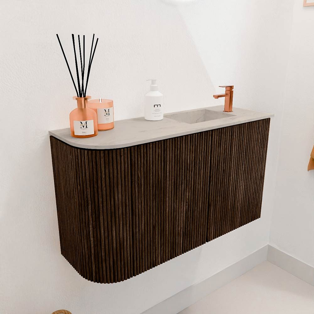 Mondiaz Toiletmeubel Joya Dlux Walnut - 71.6 cm - Wastafel FAYE Opalo - 1 kraangat - Solid Surface - Met spoelbak Rechts