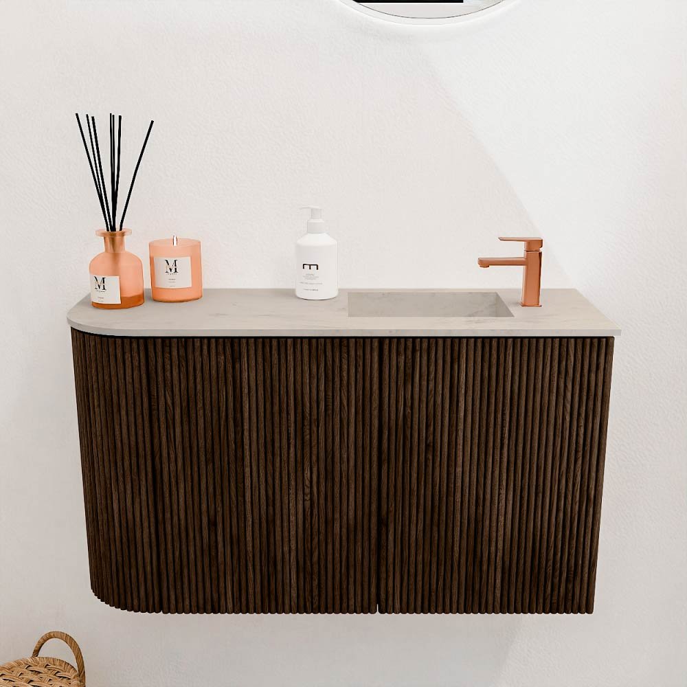 Mondiaz Toiletmeubel Joya Dlux Walnut - 71.6 cm - Wastafel FAYE Opalo - 1 kraangat - Solid Surface - Met spoelbak Rechts - Afbeelding 2