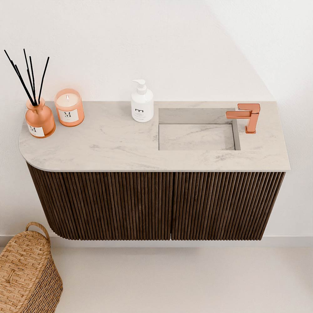 Mondiaz Toiletmeubel Joya Dlux Walnut - 71.6 cm - Wastafel FAYE Opalo - 1 kraangat - Solid Surface - Met spoelbak Rechts - Afbeelding 3