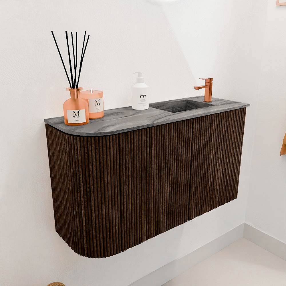 Mondiaz Toiletmeubel Joya Dlux Walnut - 71.6 cm - Wastafel FAYE Sombra - 1 kraangat - Solid Surface - Met spoelbak Rechts