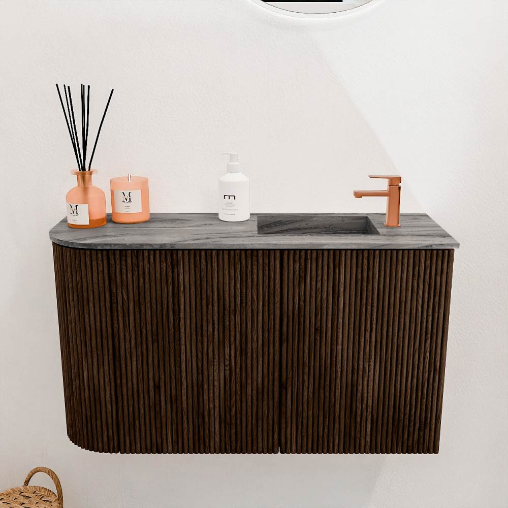Mondiaz Toiletmeubel Joya Dlux Walnut - 71.6 cm - Wastafel FAYE Sombra - 1 kraangat - Solid Surface - Met spoelbak Rechts - Afbeelding 2