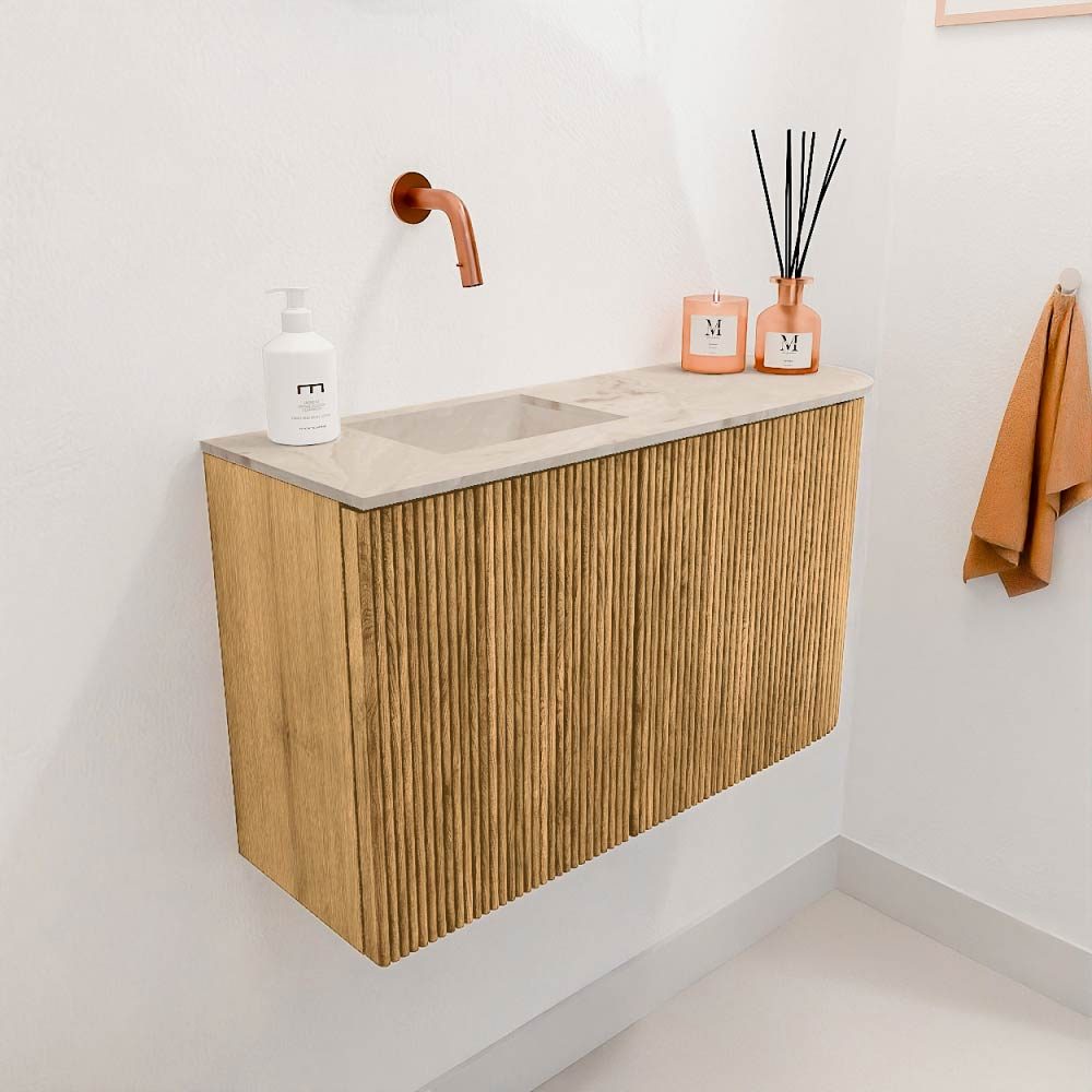 Mondiaz Toiletmeubel Joya Dlux Oak - 71.6 cm - Wastafel FAYE Frappe - Zonder kraangat(en) - Solid Surface - Met spoelbak Links
