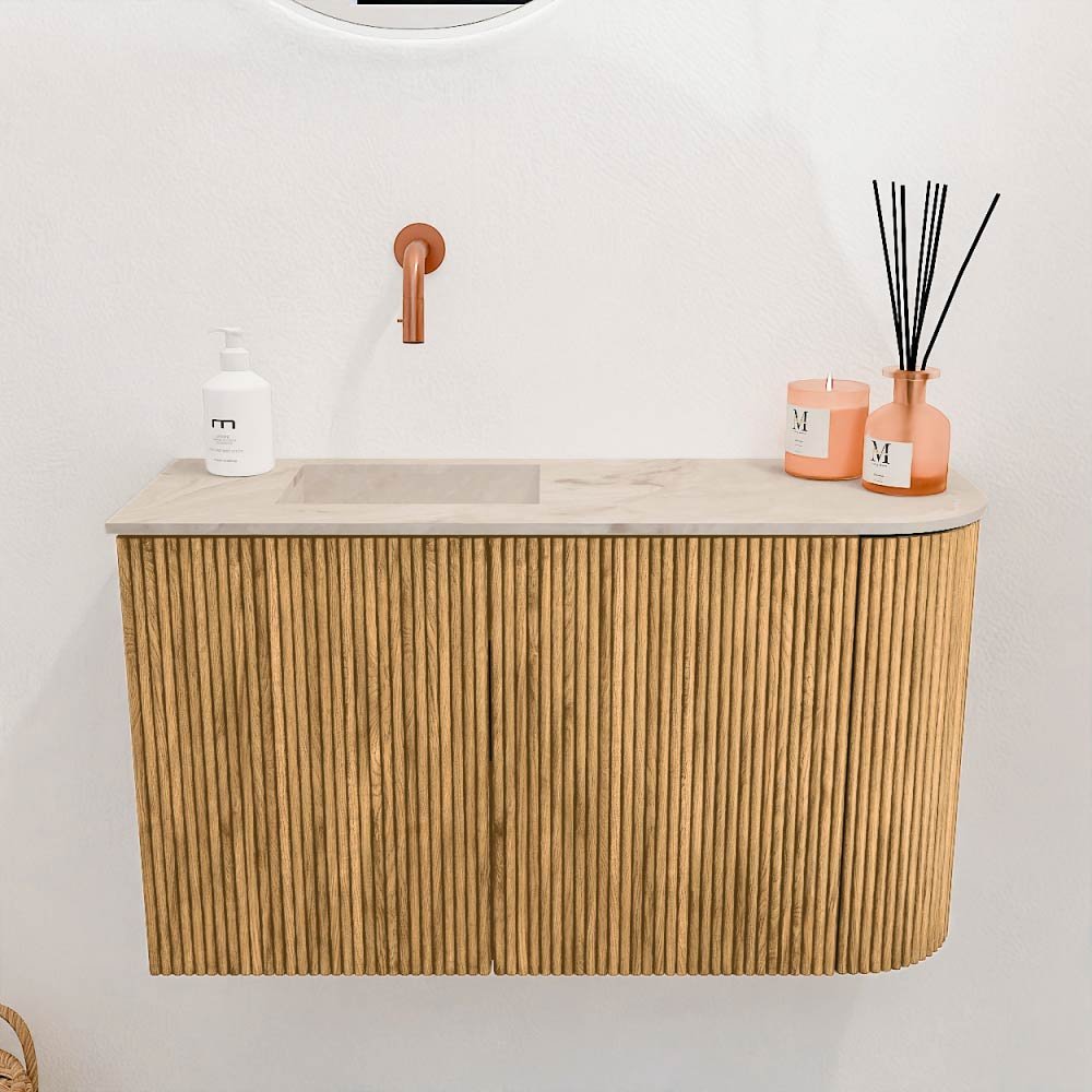 Mondiaz Toiletmeubel Joya Dlux Oak - 71.6 cm - Wastafel FAYE Frappe - Zonder kraangat(en) - Solid Surface - Met spoelbak Links - Afbeelding 2