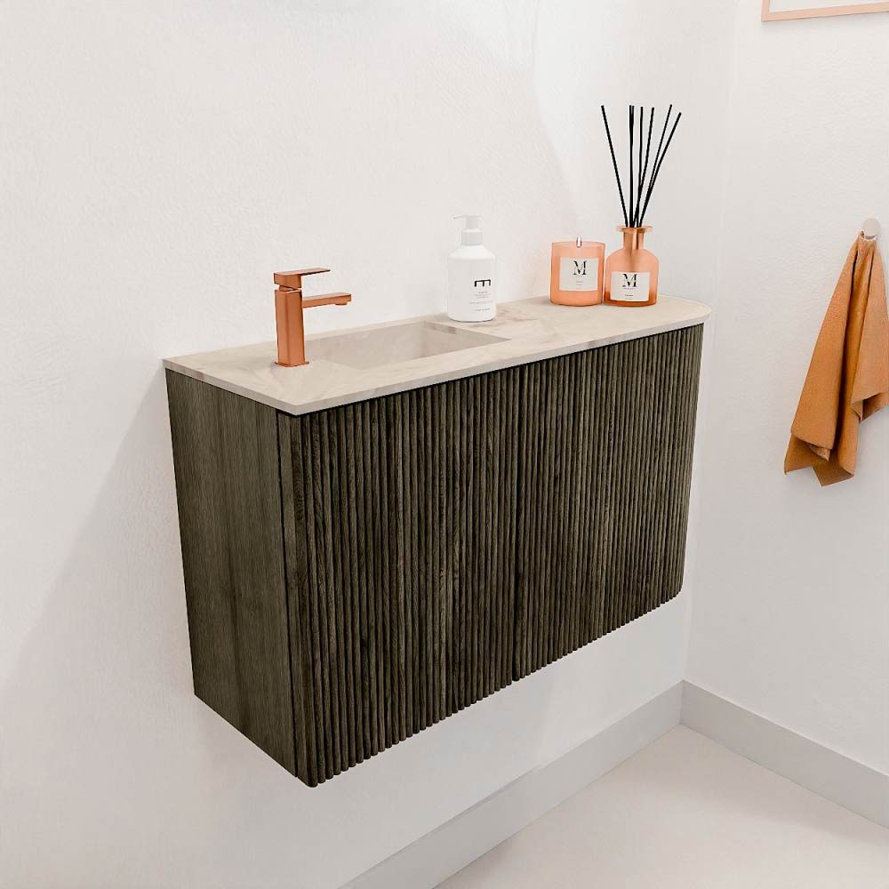 Mondiaz Toiletmeubel Joya Dlux Shadow - 71.6 cm - Wastafel FAYE Frappe - 1 kraangat - Solid Surface - Met spoelbak Links