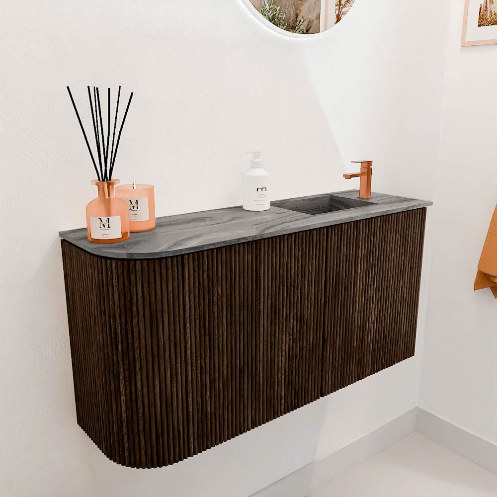 Mondiaz Toiletmeubel Joya Dlux Walnut - 81.6 cm - Wastafel FAYE Sombra - 1 kraangat - Solid Surface - Met spoelbak Rechts