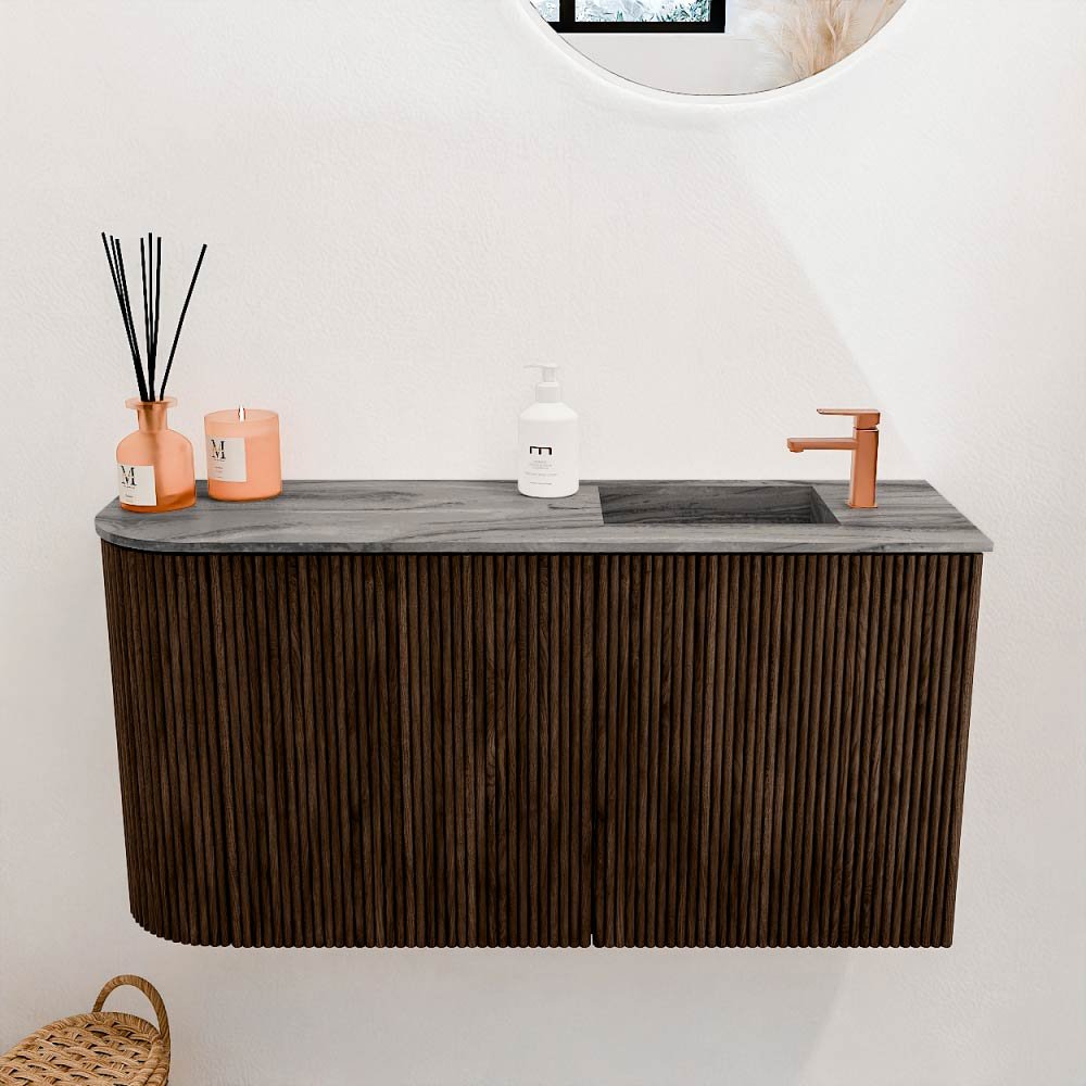 Mondiaz Toiletmeubel Joya Dlux Walnut - 81.6 cm - Wastafel FAYE Sombra - 1 kraangat - Solid Surface - Met spoelbak Rechts - Afbeelding 2