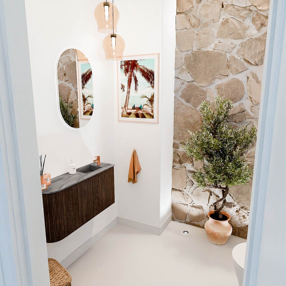 Mondiaz Toiletmeubel Joya Dlux Walnut - 81.6 cm - Wastafel FAYE Sombra - 1 kraangat - Solid Surface - Met spoelbak Rechts - Afbeelding 5