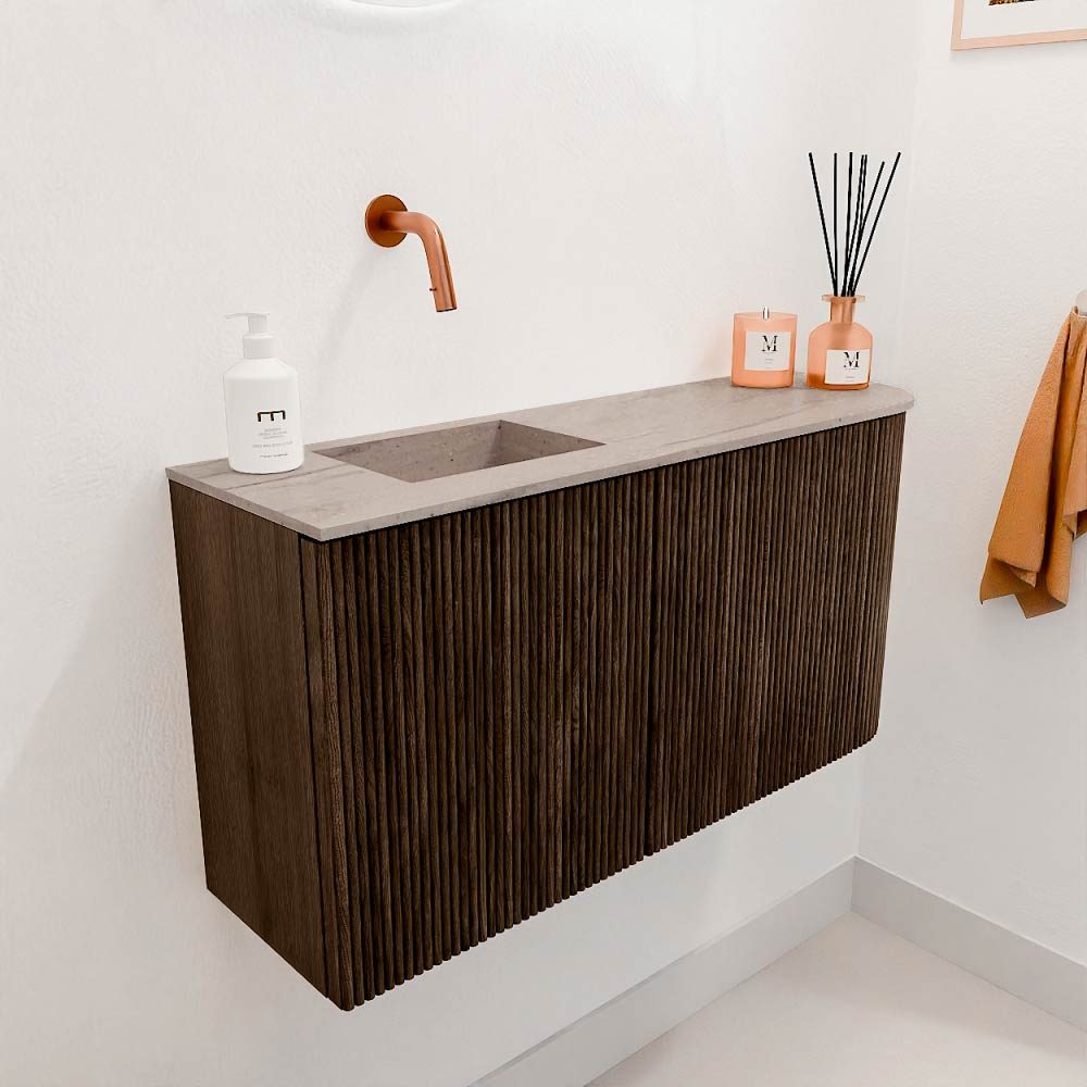 Mondiaz Toiletmeubel Joya Dlux Walnut - 81.6 cm - Wastafel FAYE Saba - Zonder kraangat(en) - Solid Surface - Met spoelbak Links