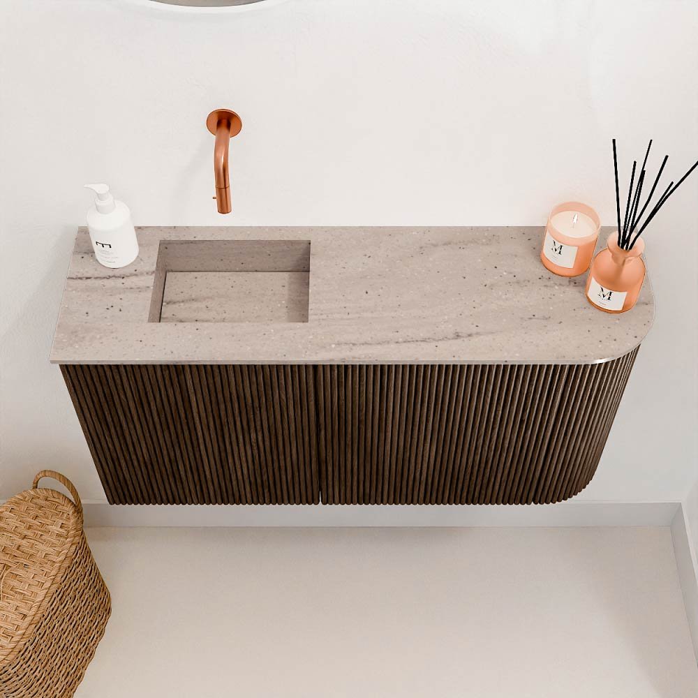 Mondiaz Toiletmeubel Joya Dlux Walnut - 81.6 cm - Wastafel FAYE Saba - Zonder kraangat(en) - Solid Surface - Met spoelbak Links - Afbeelding 3