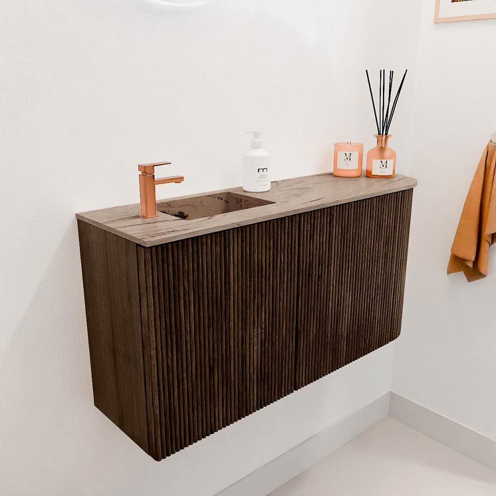 Mondiaz Toiletmeubel Joya Dlux Walnut - 81.6 cm - Wastafel FAYE Arena - 1 kraangat - Solid Surface - Met spoelbak Links