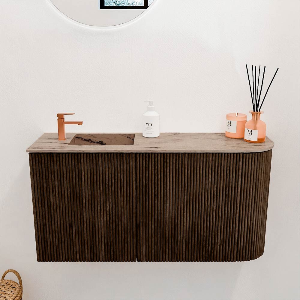Mondiaz Toiletmeubel Joya Dlux Walnut - 81.6 cm - Wastafel FAYE Arena - 1 kraangat - Solid Surface - Met spoelbak Links - Afbeelding 2