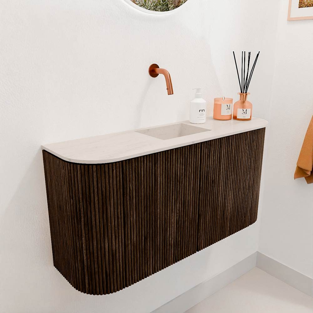 Mondiaz Toiletmeubel Joya Dlux Walnut - 83.2 cm - Wastafel FAYE Meli - Zonder kraangat(en) - Solid Surface - Met spoelbak Midden