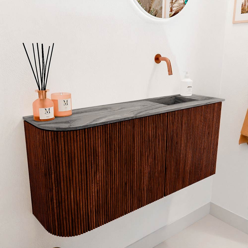 Mondiaz Toiletmeubel Joya Dlux Ruby - 91.6 cm - Wastafel FAYE Sombra - Zonder kraangat(en) - Solid Surface - Met spoelbak Rechts