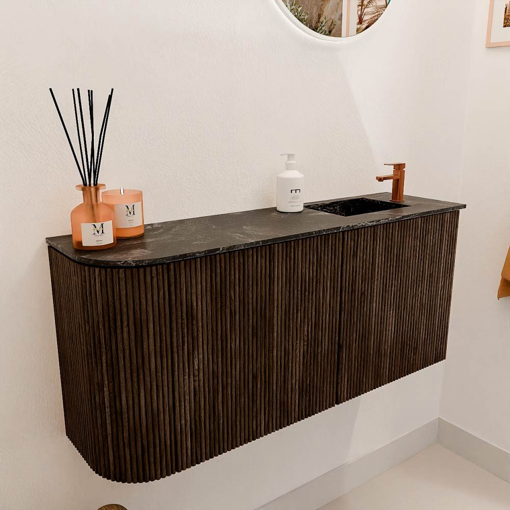 Mondiaz Toiletmeubel Joya Dlux Walnut - 91.6 cm - Wastafel FAYE Lava - 1 kraangat - Solid Surface - Met spoelbak Rechts
