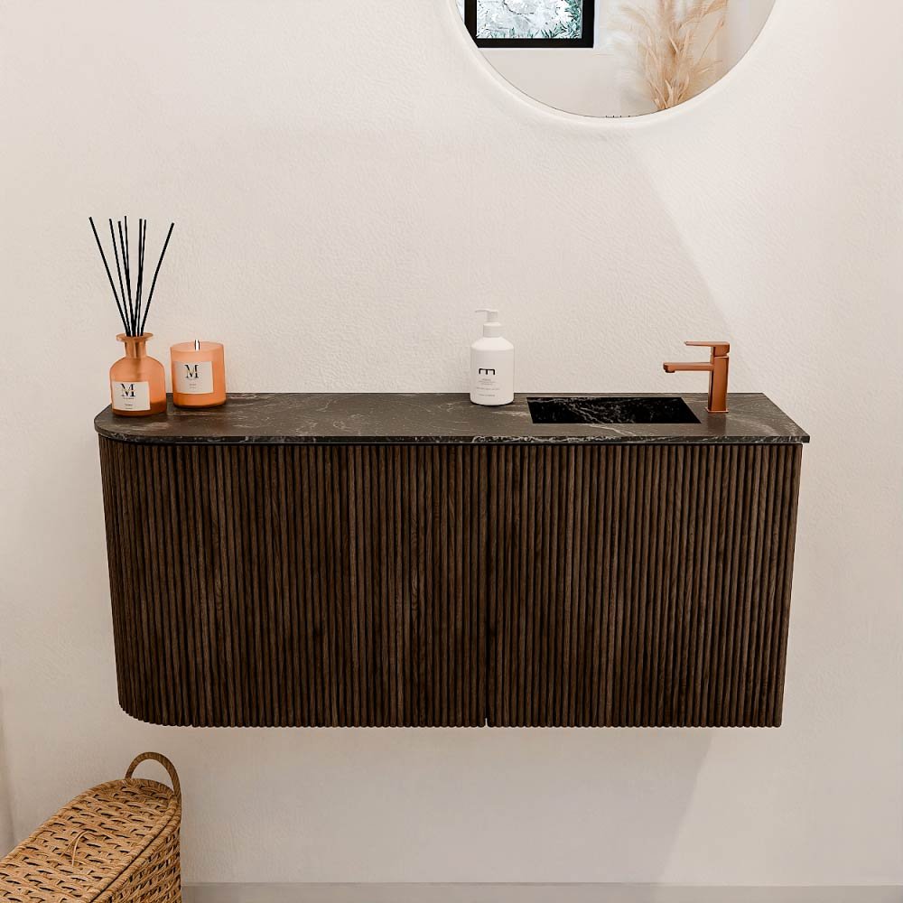 Mondiaz Toiletmeubel Joya Dlux Walnut - 91.6 cm - Wastafel FAYE Lava - 1 kraangat - Solid Surface - Met spoelbak Rechts - Afbeelding 2